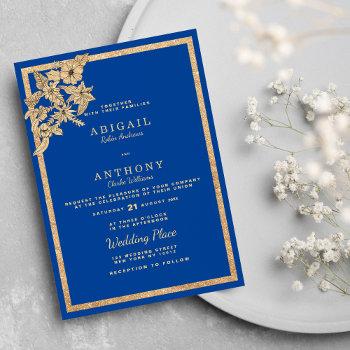 stylish royal blue gold glitter floral wedding invitation