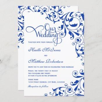 stylish royal blue swirls wedding invitation