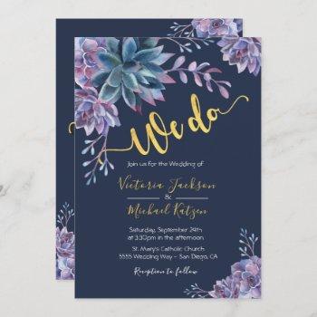 succulent gold navy watercolor wedding invitations