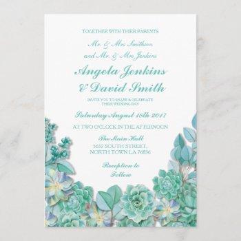 Small Succulents Floral Wedding Rustic White Teal Invite Front View