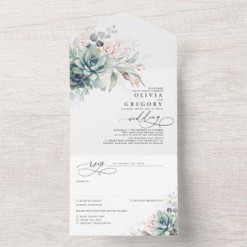 succulents greenery and rose gold leaves wedding all in one invitation