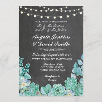 Small Succulents Wedding Rustic Chalk Lights Teal Invite Front View