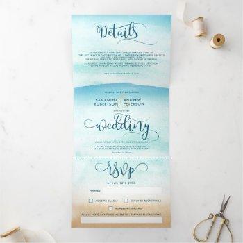 summer destination beach chic wedding script  tri- tri-fold invitation