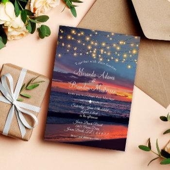 summer sunset string lights tropical beach wedding invitation