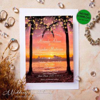 summer sunset tropical beach wedding invitation