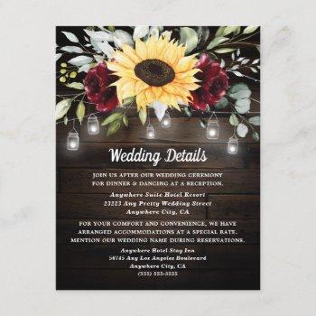 Small Sunflower And Burgundy Red Rose Rustic Wedding Enclosure Card Front View