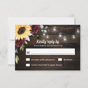 sunflower and burgundy red rose rustic wedding rsvp card