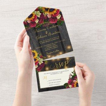 sunflower and burgundy roses rustic fall wedding all in one invitation