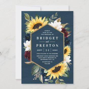sunflower and navy blue magnolia burgundy wedding invitation