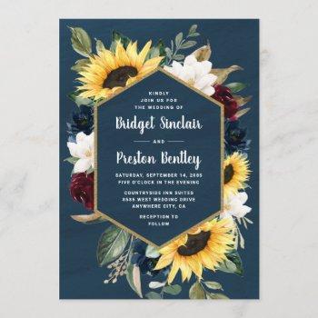 sunflower and navy blue watercolor rustic wedding invitation