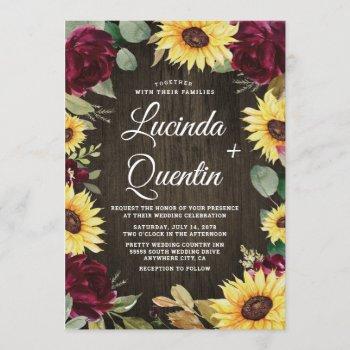 sunflower and red roses rustic barn wood wedding invitation