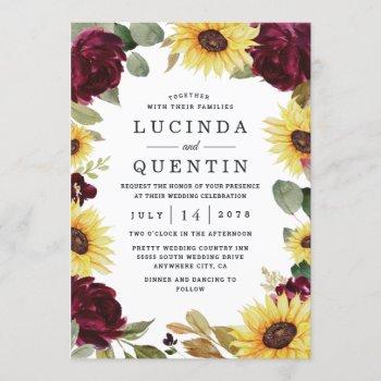 sunflower and roses burgundy red rustic wedding invitation