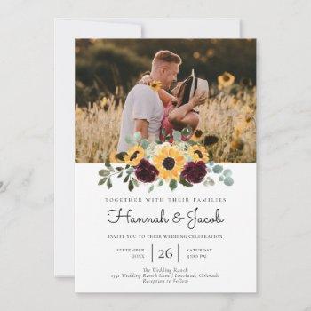 sunflower and roses rustic photo wedding invitation
