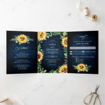 Small Sunflower Baby's Breath Navy Blue Floral Wedding Tri-fold Announcement Front View