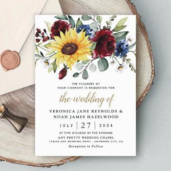 sunflower burgundy roses navy blue rustic wedding invitation