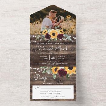 sunflower burgundy roses rustic wood photo wedding all in one invitation