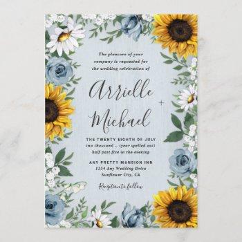 sunflower dusty blue country rustic roses wedding invitation