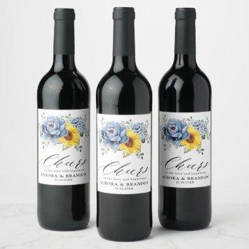 Small Sunflower Dusty Blue Slate Peony Floral Wedding Wine Label Front View