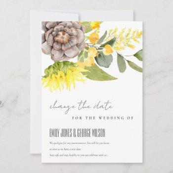sunflower eucalyptus  floral wedding change date invitation