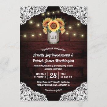 sunflower mason jar wood lace wedding invitations