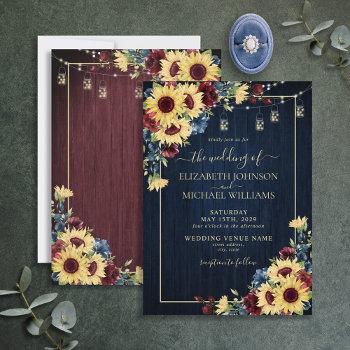sunflower navy blue burgundy wood floral wedding invitation