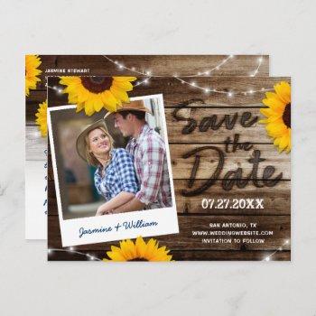 sunflower photo rustic wood wedding save the date announcement postcard