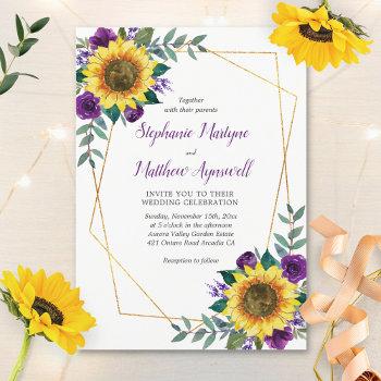sunflower purple floral modern geometric wedding invitation