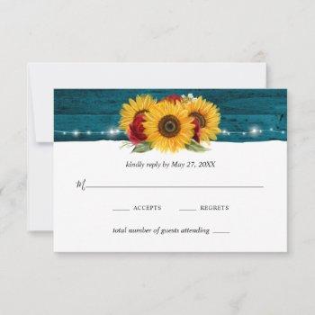 Small Sunflower Red Rose Rustic Wood Teal Wedding Rsvp Front View
