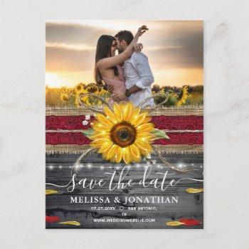 Small Sunflower Rose Burgundy Lace Rustic Save The Date Post Front View