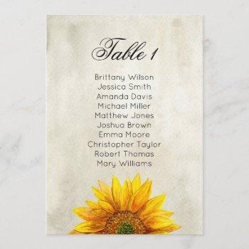 Small Sunflower Seating Chart. Rustic Wedding Table Plan Front View