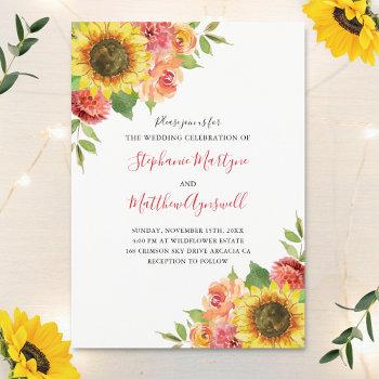 sunflower watercolor coral floral wedding invitation