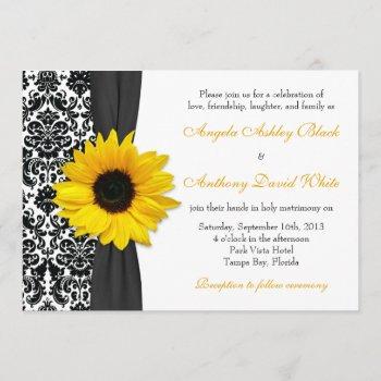 sunflower yellow black white damask wedding invitation