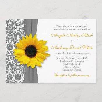 sunflower yellow pewter grey white damask wedding invitation