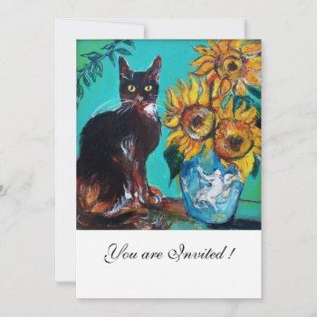sunflowers and black cat in blue teal summer party invitation