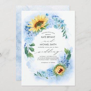 sunflowers and dusty blue hydrangea floral wedding invitation