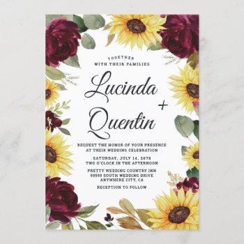sunflowers and roses burgundy red rustic wedding invitation