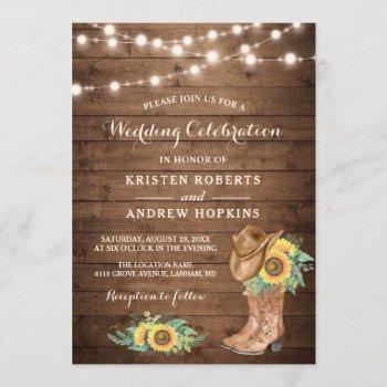 sunflowers boots string lights western wedding invitation