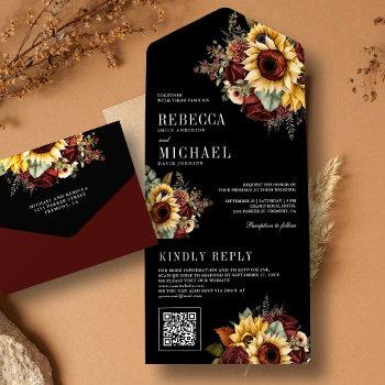  sunflowers burgundy floral qr code black wedding all in one invitation