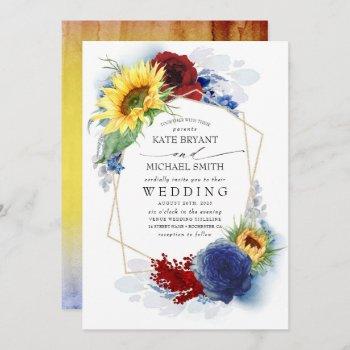 sunflowers burgundy red and navy blue fall wedding invitation