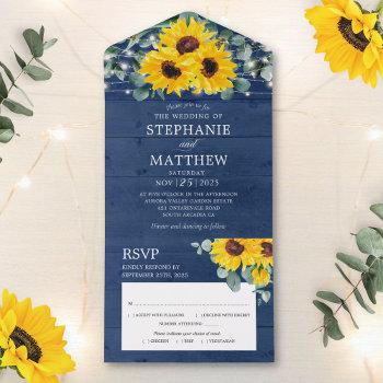 sunflowers eucalyptus string lights navy wedding all in one invitation