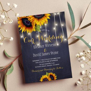 sunflowers navy chalkboard fall trendy wedding invitation