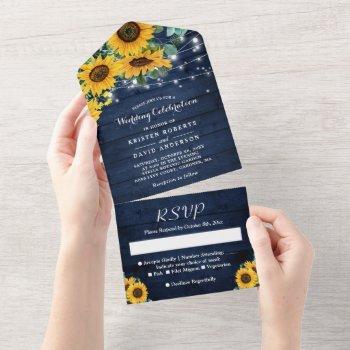 sunflowers string lights rustic navy blue wedding all in one invitation