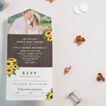 sunflowers & wood rustic photo wedding all in one invitation