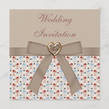 Small Taupe Linen Wonderland Flamingos Wedding Invites Front View