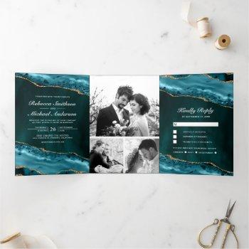 teal and gold agate photo collage wedding tri-fold invitation