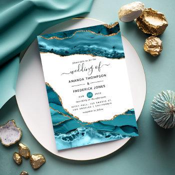 teal and gold agate wedding invitation