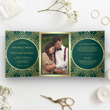 teal and gold ethnic mandala indian wedding tri-fold invitation