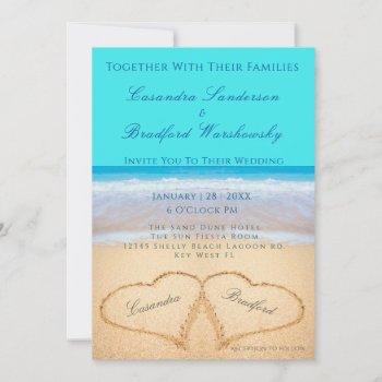 teal beach wedding 2 hearts sand wedding invitation