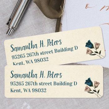Small Teal, Beige Garden Roses Mailing Labels Front View
