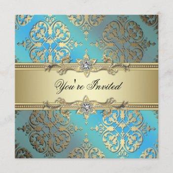 Small Teal Blue Black Gold Damask Party Front View